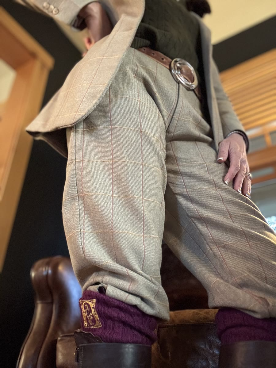 Tweed breeks with purple Blixt shooting socks and tall boots